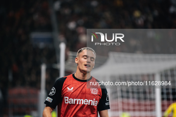 Florian Wirtz of Bayer 04 Leverkusen reacts after missing a chance during the UEFA Champions League 2024/25 League Phase MD2 match between B...