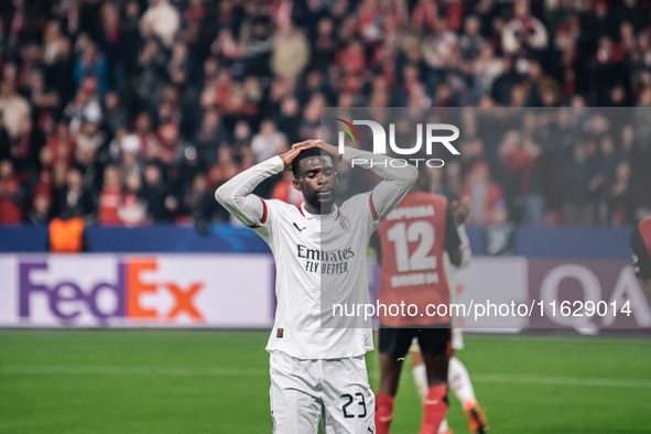 Fikayo Tomori reacts after missing a chance during the UEFA Champions League 2024/25 League Phase MD2 match between Bayer 04 Leverkusen and...