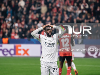 Fikayo Tomori reacts after missing a chance during the UEFA Champions League 2024/25 League Phase MD2 match between Bayer 04 Leverkusen and...