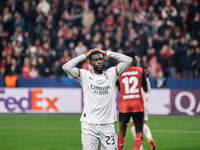 Fikayo Tomori reacts after missing a chance during the UEFA Champions League 2024/25 League Phase MD2 match between Bayer 04 Leverkusen and...