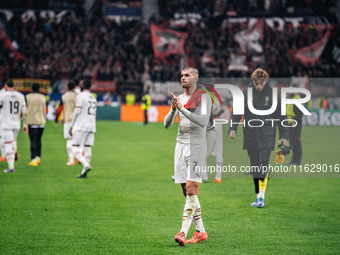 Alvaro Morata of AC Milan greets fans after the UEFA Champions League 2024/25 League Phase MD2 match between Bayer 04 Leverkusen and AC Mila...