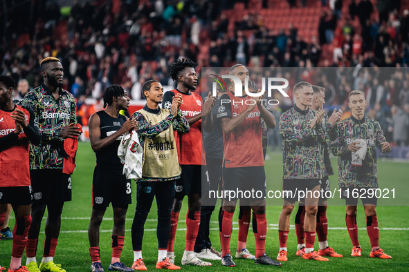 Players of Bayer 04 Leverkusen celebrate with fans after the UEFA Champions League 2024/25 League Phase MD2 match between Bayer 04 Leverkuse...