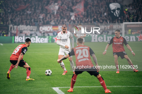 Alvaro Morata of AC Milan is in action during the UEFA Champions League 2024/25 League Phase MD2 match between Bayer 04 Leverkusen and AC Mi...