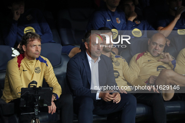 Hansi Flick coaches during the match between FC Barcelona and BSC Young Boys in the week 2 of the League Stage of the UEFA Champions League...