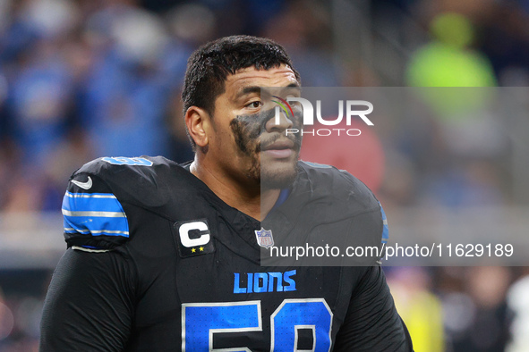 DETROIT,MICHIGAN-September 30: Detroit Lions offensive tackle Penei Sewell (58) is seen during the first half of an NFL football game betwee...