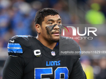 DETROIT,MICHIGAN-September 30: Detroit Lions offensive tackle Penei Sewell (58) is seen during the first half of an NFL football game betwee...