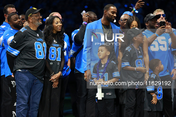 DETROIT,MICHIGAN-September 30: Former Detroit Lions wide receiver Calvin (“Megatron”) Johnson Jr. attends the ceremony honoring his inductio...