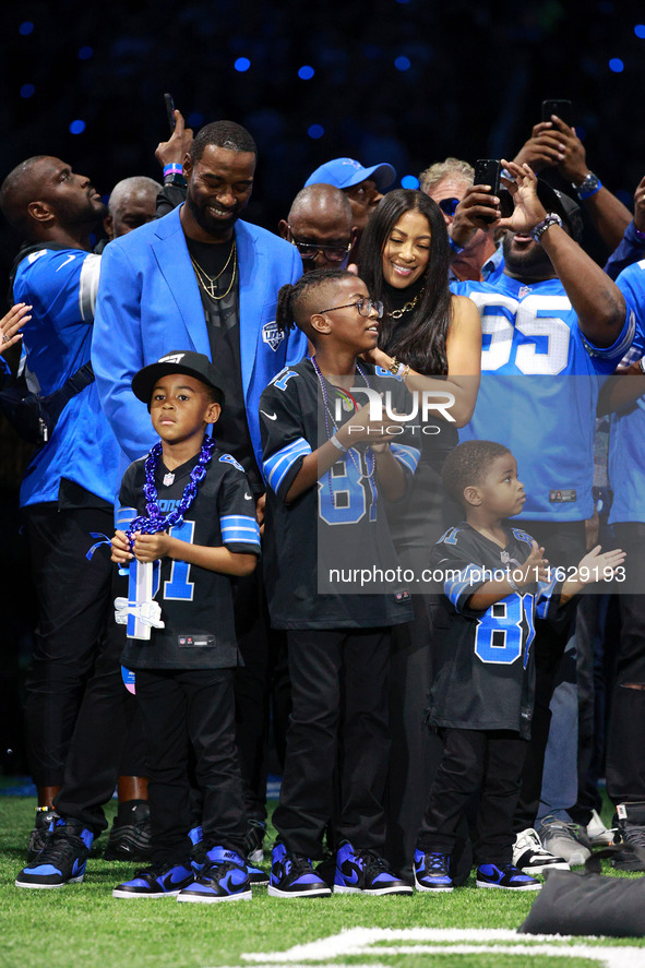 DETROIT,MICHIGAN-September 30: Former Detroit Lions wide receiver Calvin (“Megatron”) Johnson Jr. attends the ceremony honoring his inductio...