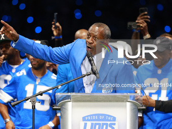 DETROIT,MICHIGAN-September 30: Former Detroit Lions player Lomas Brown speaks during the ceremony for the induction of former Detroit Lions...