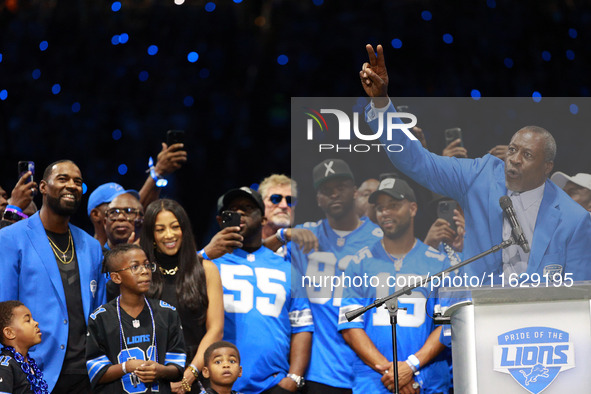 DETROIT,MICHIGAN-September 30: Former Detroit Lions player Lomas Brown speaks during the ceremony for the induction of former Detroit Lions...