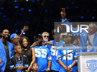 DETROIT,MICHIGAN-September 30: Former Detroit Lions player Lomas Brown speaks during the ceremony for the induction of former Detroit Lions...