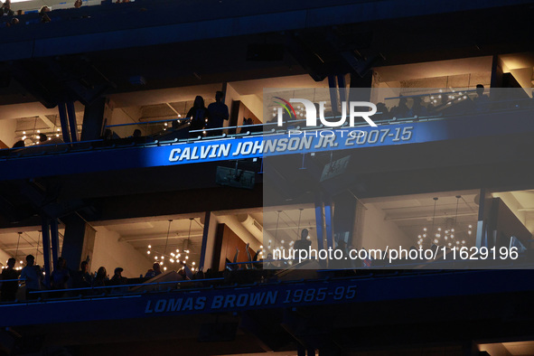 DETROIT,MICHIGAN-September 30: Former Detroit Lions wide receiver Calvin Johnson Jr.’s name is unveiled during the ceremony honoring his ind...