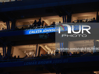 DETROIT,MICHIGAN-September 30: Former Detroit Lions wide receiver Calvin Johnson Jr.’s name is unveiled during the ceremony honoring his ind...