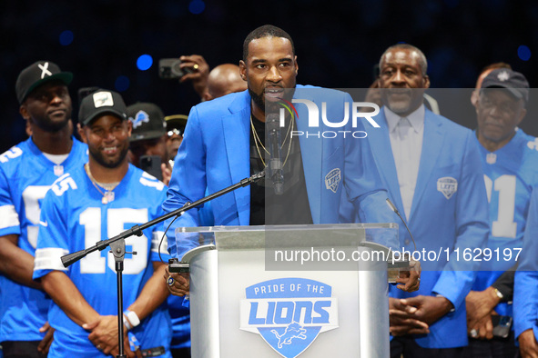 DETROIT,MICHIGAN-September 30: Former Detroit Lions player Calvin Johnson Jr. speaks during the ceremony honoring his induction to the Pride...