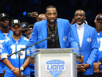 DETROIT,MICHIGAN-September 30: Former Detroit Lions player Calvin Johnson Jr. speaks during the ceremony honoring his induction to the Pride...