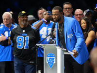 DETROIT,MICHIGAN-September 30: Former Detroit Lions player Calvin Johnson Jr. speaks during the ceremony honoring his induction to the Pride...