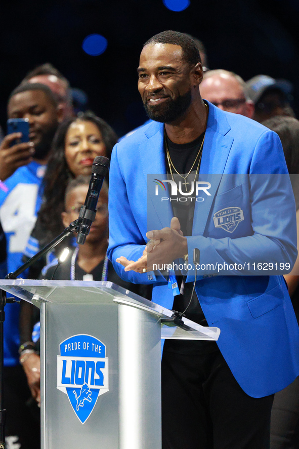 DETROIT,MICHIGAN-September 30: Former Detroit Lions player Calvin Johnson Jr. speaks during the ceremony honoring his induction to the Pride...