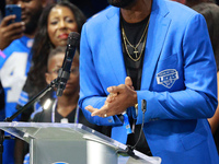 DETROIT,MICHIGAN-September 30: Former Detroit Lions player Calvin Johnson Jr. speaks during the ceremony honoring his induction to the Pride...