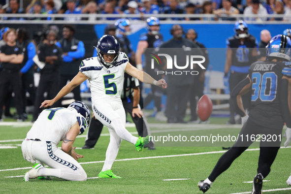 DETROIT,MICHIGAN-September 30: Seattle Seahawks place kicker Jason Myers (5) kicks the ball for an extra point during the second half of an...