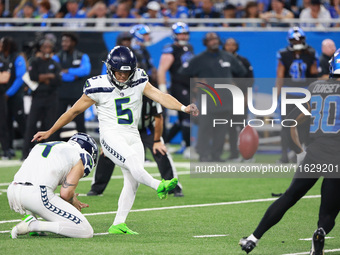 DETROIT,MICHIGAN-September 30: Seattle Seahawks place kicker Jason Myers (5) kicks the ball for an extra point during the second half of an...