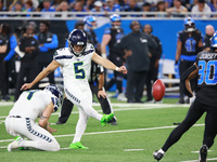 DETROIT,MICHIGAN-September 30: Seattle Seahawks place kicker Jason Myers (5) kicks the ball for an extra point during the second half of an...