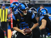 DETROIT,MICHIGAN-September 30: Detroit Lions quarterback Jared Goff (16) looks to pass during the second half of an NFL football game betwee...