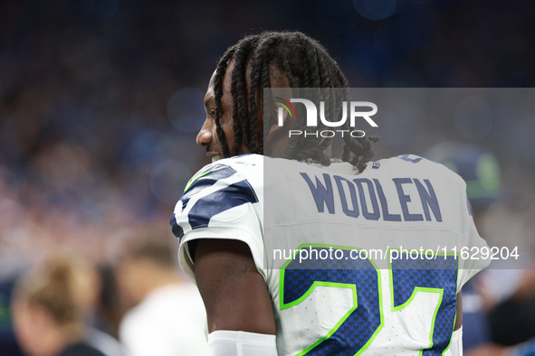 DETROIT,MICHIGAN-September 30: Seattle Seahawks cornerback Riq Woolen (27) is seen during the second half of an NFL football game between th...