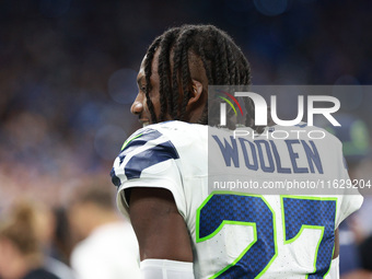 DETROIT,MICHIGAN-September 30: Seattle Seahawks cornerback Riq Woolen (27) is seen during the second half of an NFL football game between th...