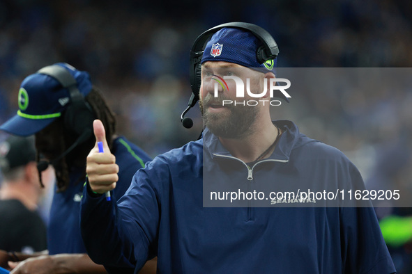 DETROIT,MICHIGAN-September 30: Seattle Seahawks assistant special teams Devin Fitzsimmins is seen during the second half of an NFL football...