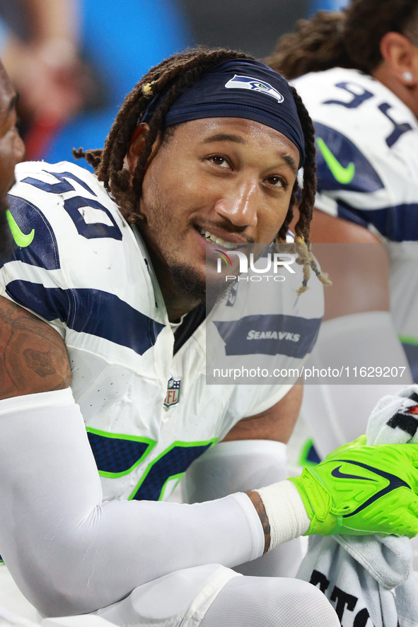 DETROIT,MICHIGAN-September 30: Seattle Seahawks linebacker Trevis Gipson (50) is seen during the second half of an NFL football game between...