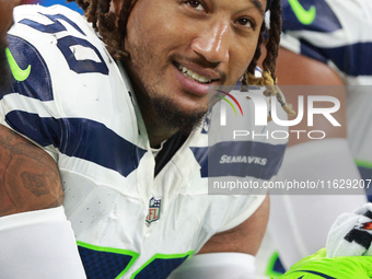 DETROIT,MICHIGAN-September 30: Seattle Seahawks linebacker Trevis Gipson (50) is seen during the second half of an NFL football game between...