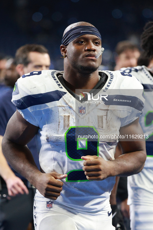 DETROIT,MICHIGAN-September 30: Seattle Seahawks running back Kenneth Walker III (9) walks off the field after the conclusion of an NFL footb...