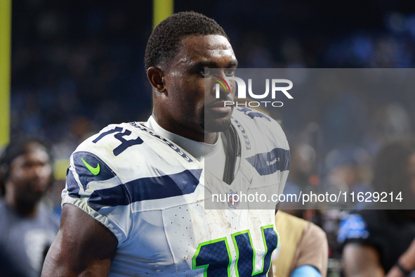 DETROIT,MICHIGAN-September 30: Seattle Seahawks wide receiver DK Metcalf (14) walks off the field after the conclusion of an NFL football ga...