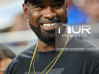 DETROIT,MICHIGAN-September 30: Former Detroit Lions player Calvin Johnson Jr. is seen during the first half of an NFL football game between...