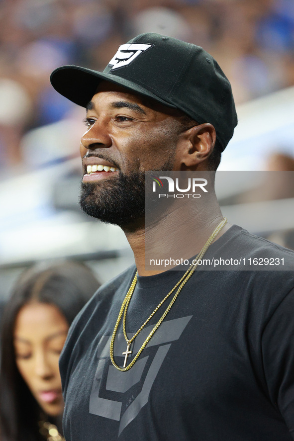 DETROIT,MICHIGAN-September 30: Former Detroit Lions player Calvin Johnson Jr. is seen during the first half of an NFL football game between...