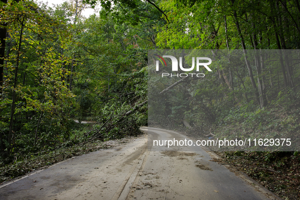 Storm damage from Hurricane Helene is seen in Asheville, North Carolina on October 1, 2024. 