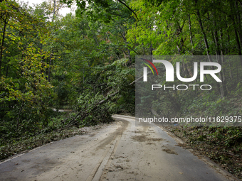 Storm damage from Hurricane Helene is seen in Asheville, North Carolina on October 1, 2024. (