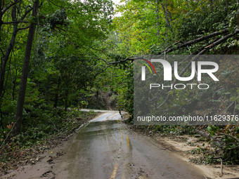 Storm damage from Hurricane Helene is seen in Asheville, North Carolina on October 1, 2024. (