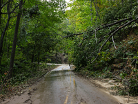 Storm damage from Hurricane Helene is seen in Asheville, North Carolina on October 1, 2024. (