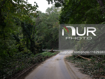 Storm damage from Hurricane Helene is seen in Asheville, North Carolina on October 1, 2024. (