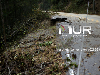 Storm damage from Hurricane Helene is seen in Asheville, North Carolina on October 1, 2024. (