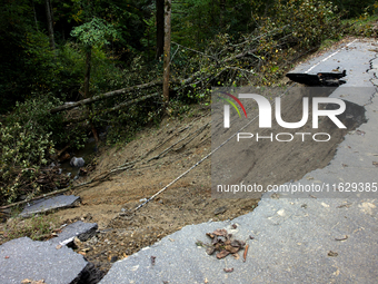 Storm damage from Hurricane Helene is seen in Asheville, North Carolina on October 1, 2024. (