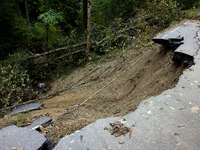 Storm damage from Hurricane Helene is seen in Asheville, North Carolina on October 1, 2024. (