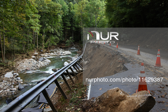 Storm damage from Hurricane Helene is seen in Asheville, North Carolina on October 1, 2024. 