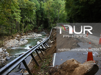 Storm damage from Hurricane Helene is seen in Asheville, North Carolina on October 1, 2024. (