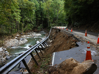 Storm damage from Hurricane Helene is seen in Asheville, North Carolina on October 1, 2024. (