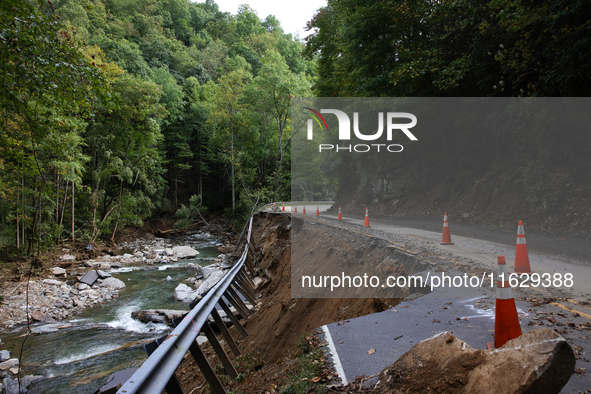 Storm damage from Hurricane Helene is seen in Asheville, North Carolina on October 1, 2024. 