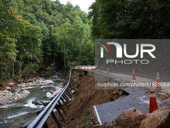 Storm damage from Hurricane Helene is seen in Asheville, North Carolina on October 1, 2024. (