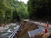 Storm damage from Hurricane Helene is seen in Asheville, North Carolina on October 1, 2024. (