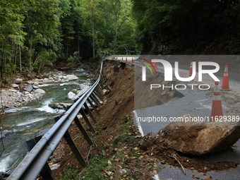 Storm damage from Hurricane Helene is seen in Asheville, North Carolina on October 1, 2024. (